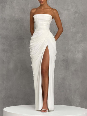 Asymmetrical Pleated Sexy High-slit Strapless Pleated Long Dress