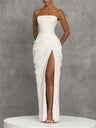Asymmetrical Pleated Sexy High-slit Strapless Pleated Long Dress