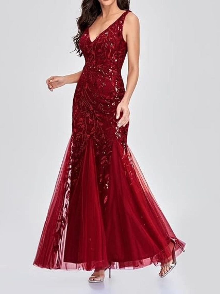 V-Neck Christmas Sequins Maxi Dresses
