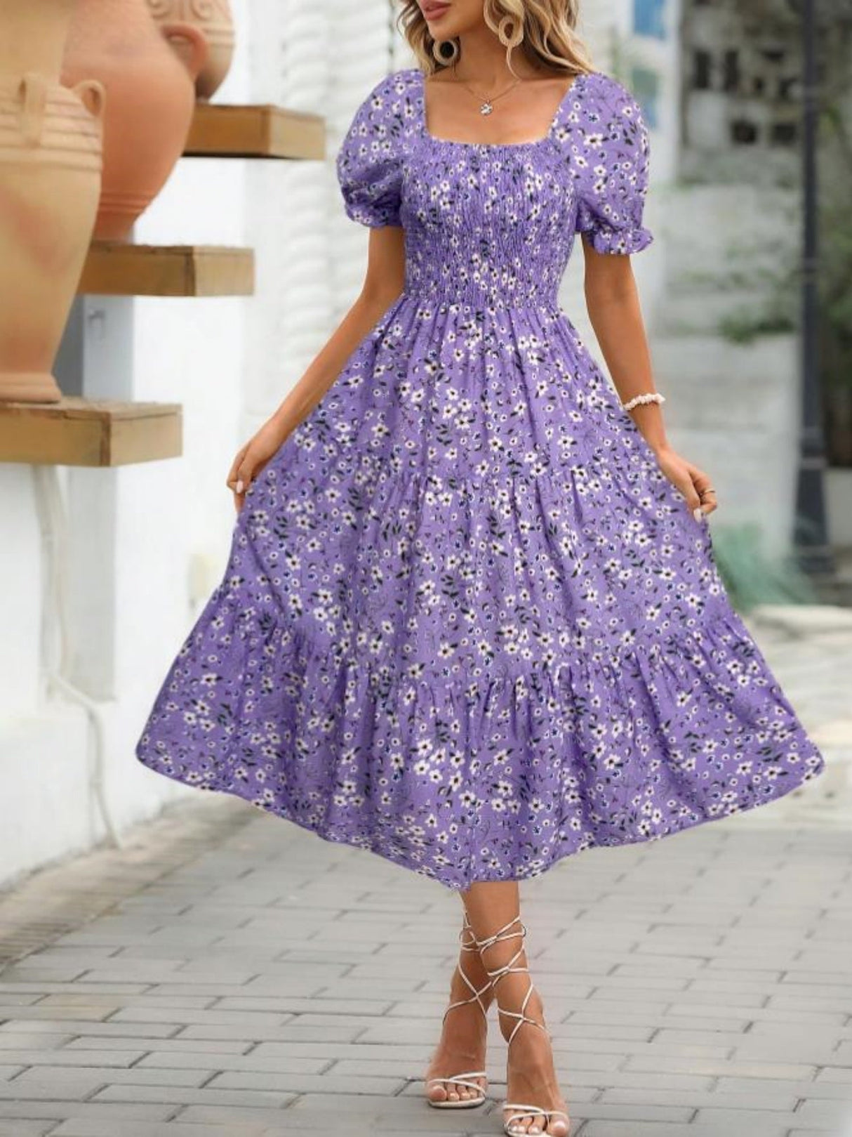 Floral Print Square Neckline And Puff Sleeves Maxi Dresses