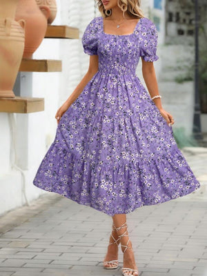 Floral Print Square Neckline And Puff Sleeves Maxi Dresses