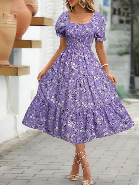 Floral Print Square Neckline And Puff Sleeves Maxi Dresses
