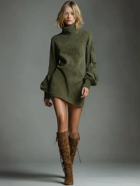 Old Deerskin High-necked Long-sleeved Pocket Mini&Short Dresses