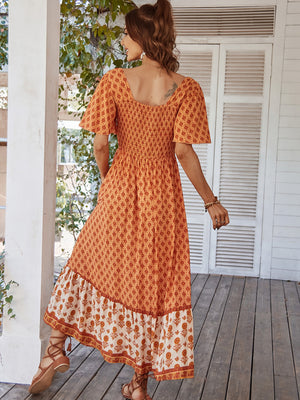Printed Color-blocked Square Neck Short Sleeve Maxi Dresses
