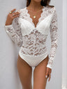 Body moulant à manches longues et col en V en dentelle ajourée