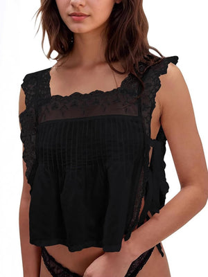 Lace Trim Square Neck Tie Tank Tops&Camis