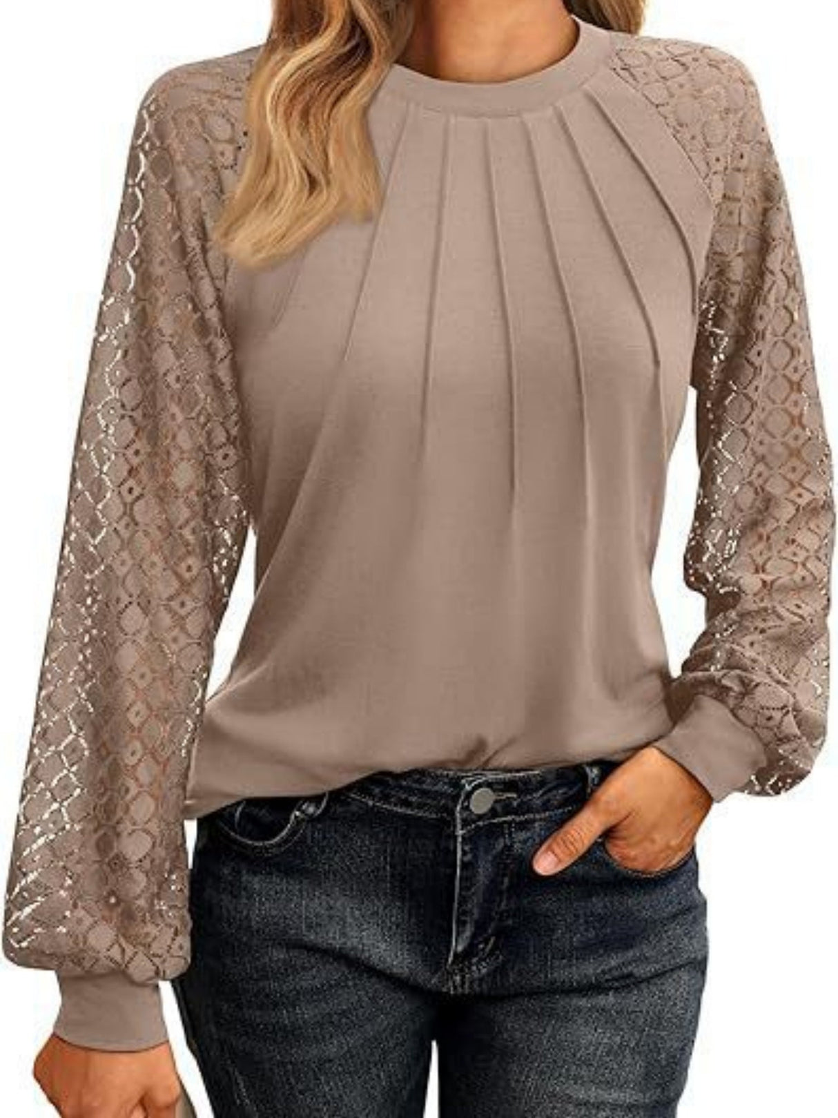 Lace Perspective Round Neck Long Sleeve T-shirts