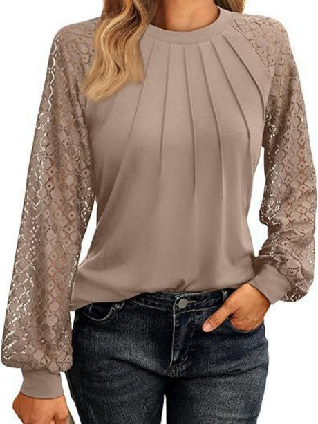 Lace Perspective Round Neck Long Sleeve T-shirts