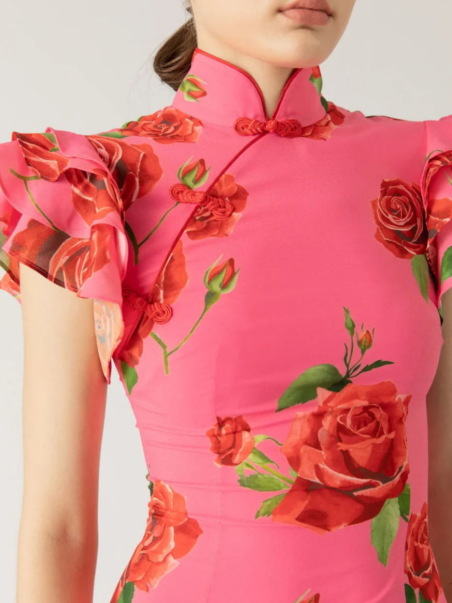 Improved Cheongsam Buttons Printed Formal Dress Maxi Dresses