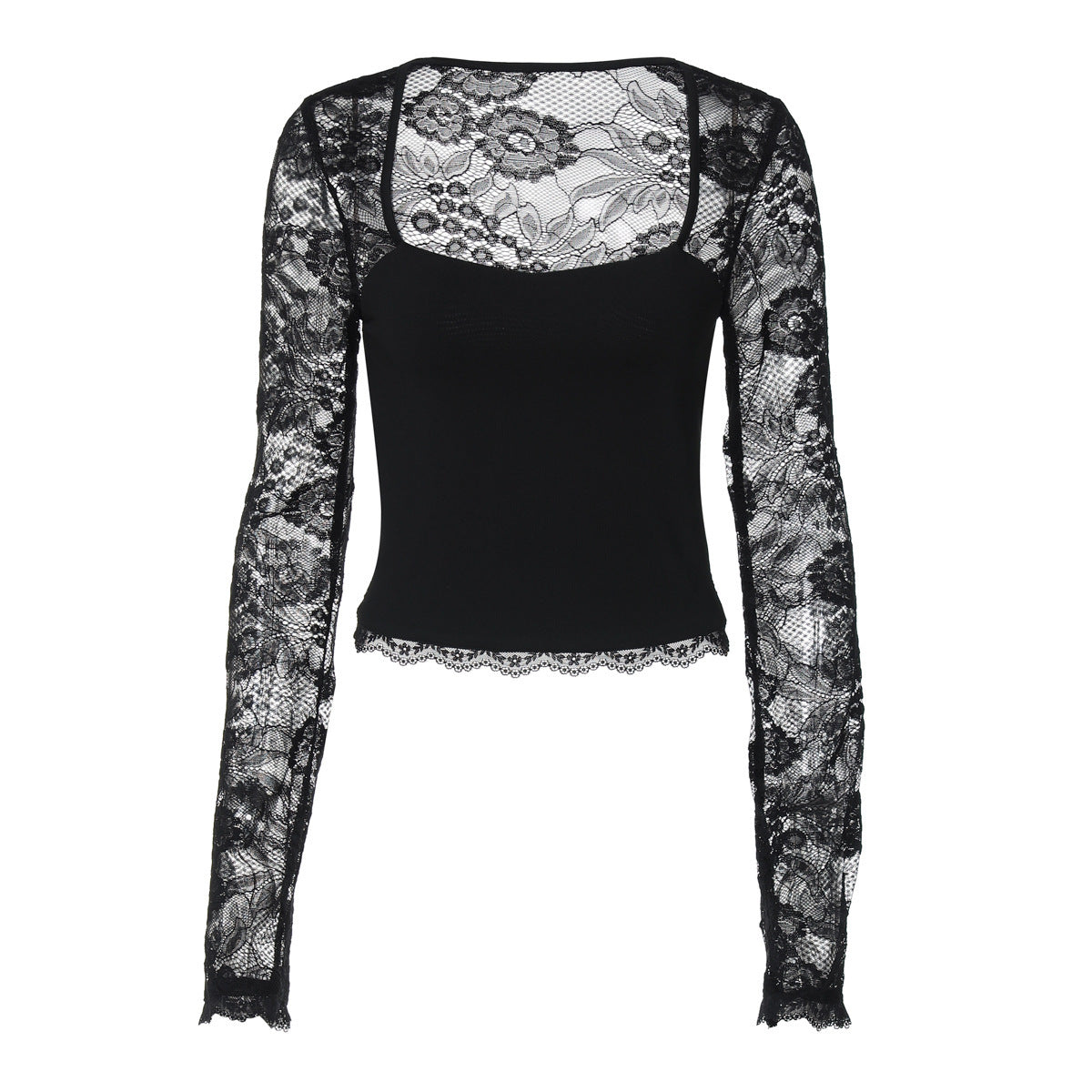 Lace Patchwork Hollow Design Long-sleeved Waist-cinching Top