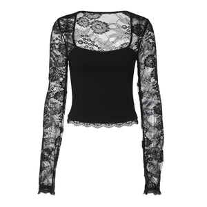 Lace Patchwork Hollow Design Long-sleeved Waist-cinching Top