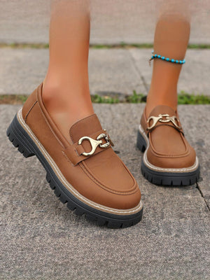 Solid Color Platform Loafers With Metal Buckles