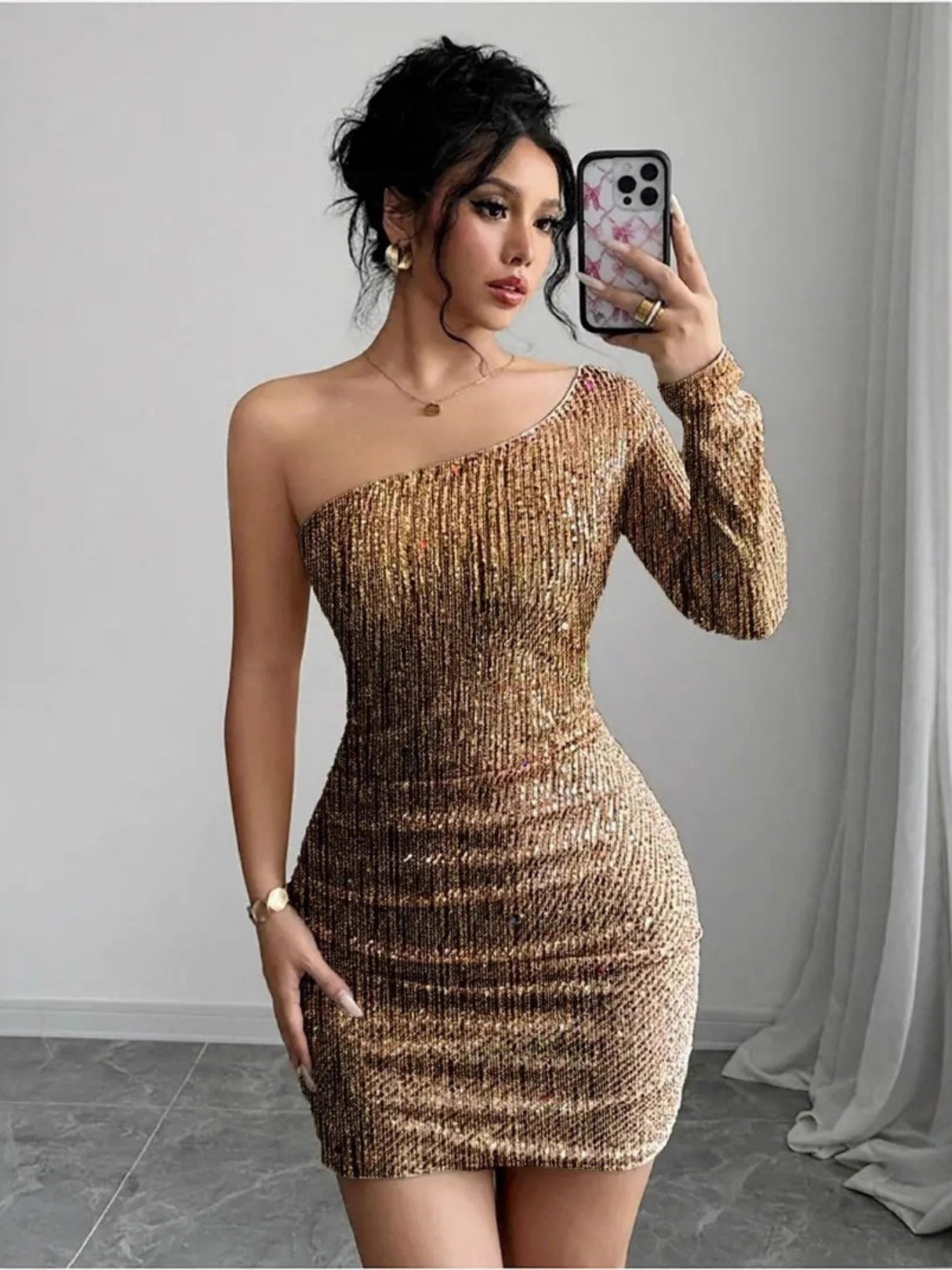 Sloping Shoulders Sequins Long Sleeves Hip Wrap Mini&Short Dresses