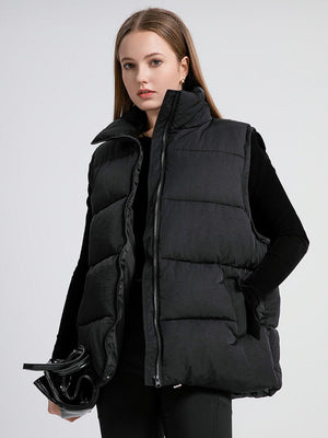 Stand Collar Sleeveless Zipper Pocket Warm Loose Mid-length Down Cotton Vest Jacket