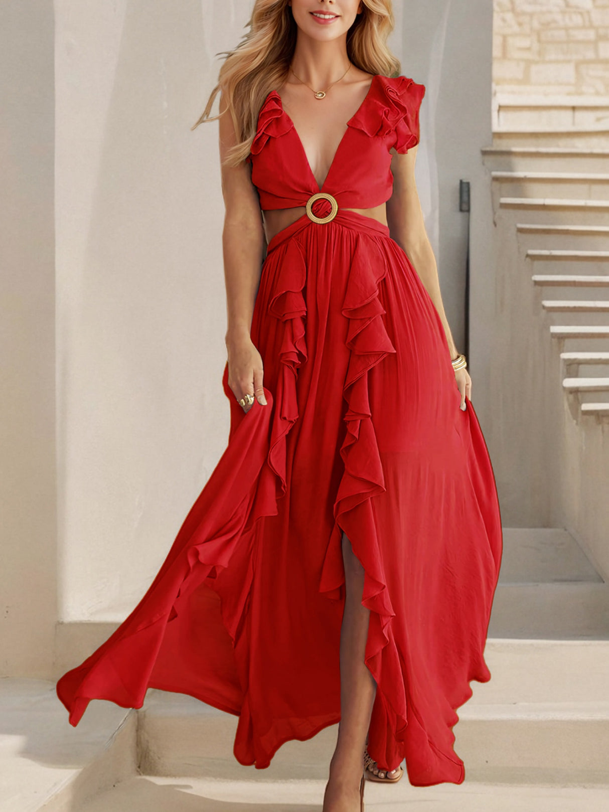 V-neck With Ruffles Backless And Waistless Hollowed-out Slit Back Strap Maxi Dresses