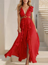 V-neck With Ruffles Backless And Waistless Hollowed-out Slit Back Strap Maxi Dresses