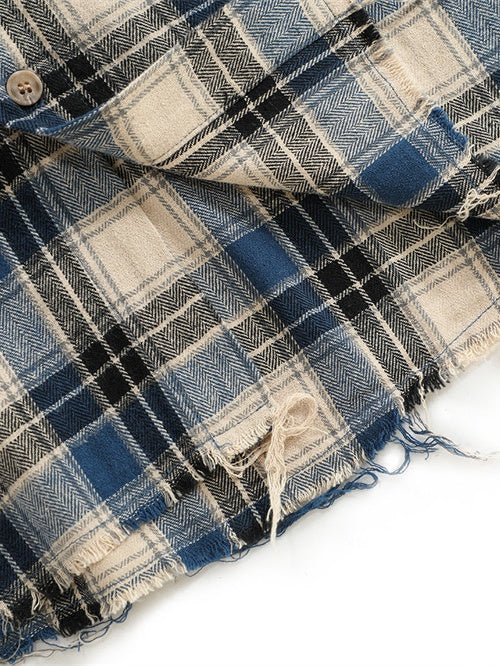 Contrasting Colors Plaid Loose Lapel Raw Edge Buttons Long-sleeved Shirt