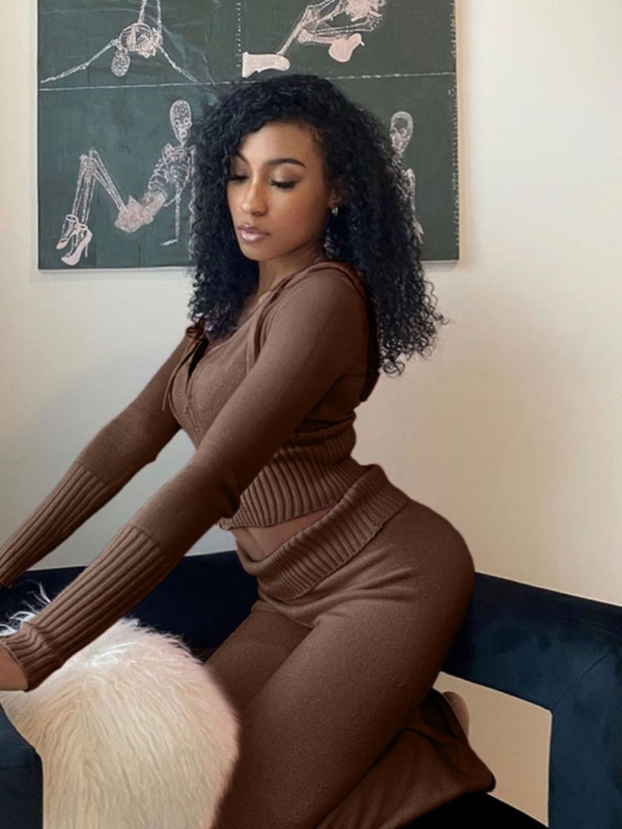 Liber Autumn women's zipper knitted cardigan low waist trousers two-piece set