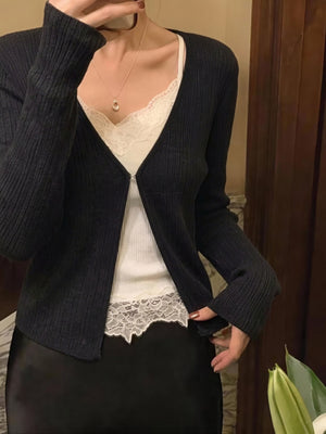 Wool V Single-button Short Knit Cardigan