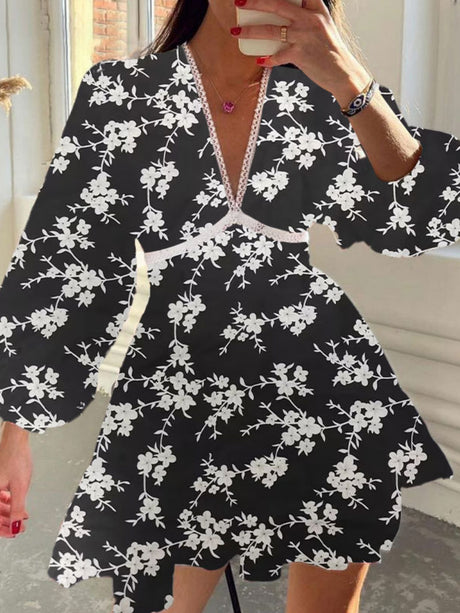 Floral Lace Deep V-neck Waist Puff Sleeve Sweet Mini&Short Dresses