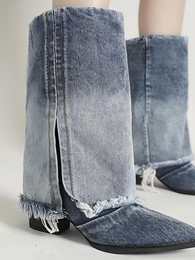 Blue Pointed-toe Denim Boots For Women