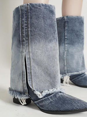 Blue Pointed-toe Denim Boots For Women