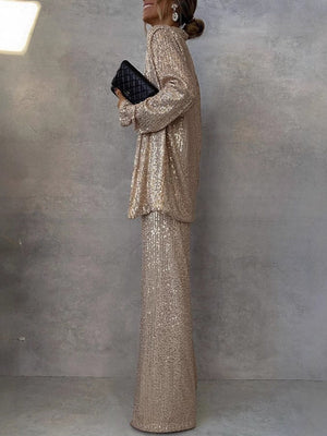 Sequins Small Suit High Waist Casual Straight Leg Pants 2-piece Sets