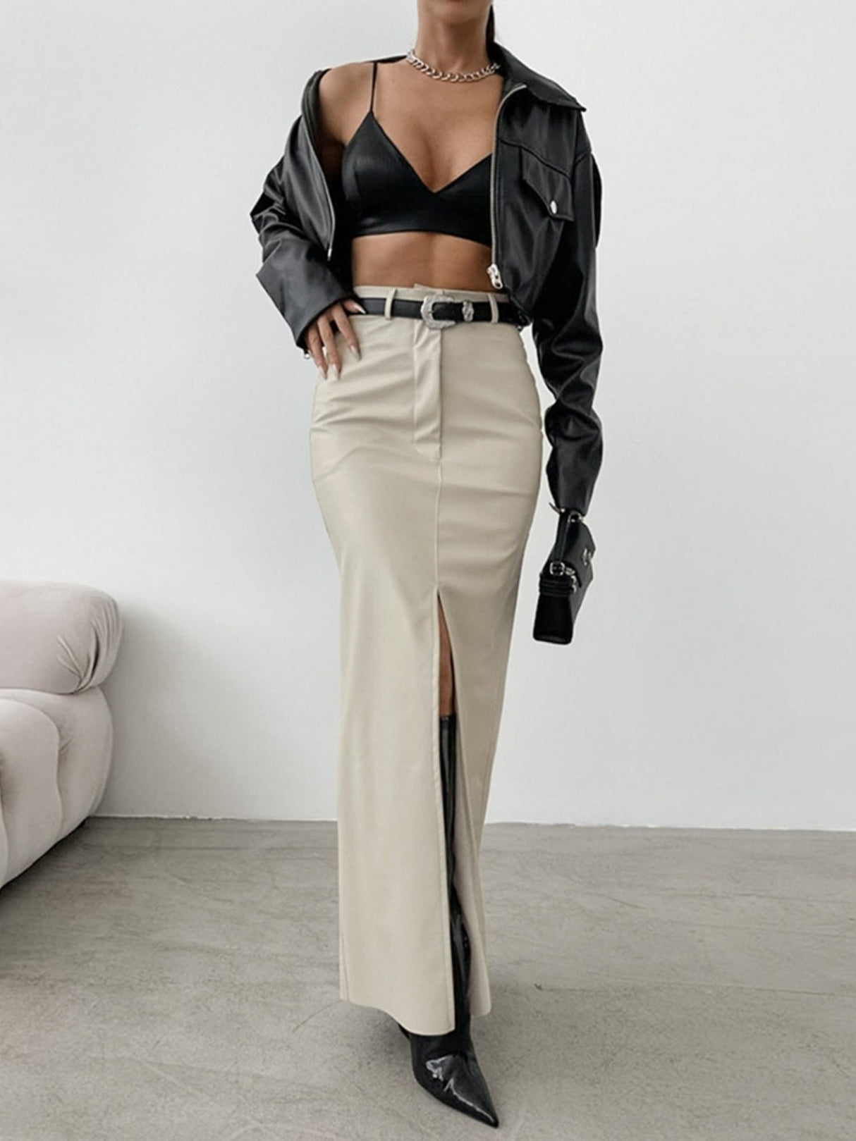 Leather Stitching High-waisted Slim Fit Hip Body Slit Long Skirts