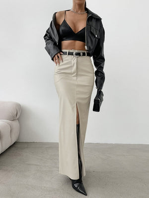 Leather Stitching High-waisted Slim Fit Hip Body Slit Long Skirts