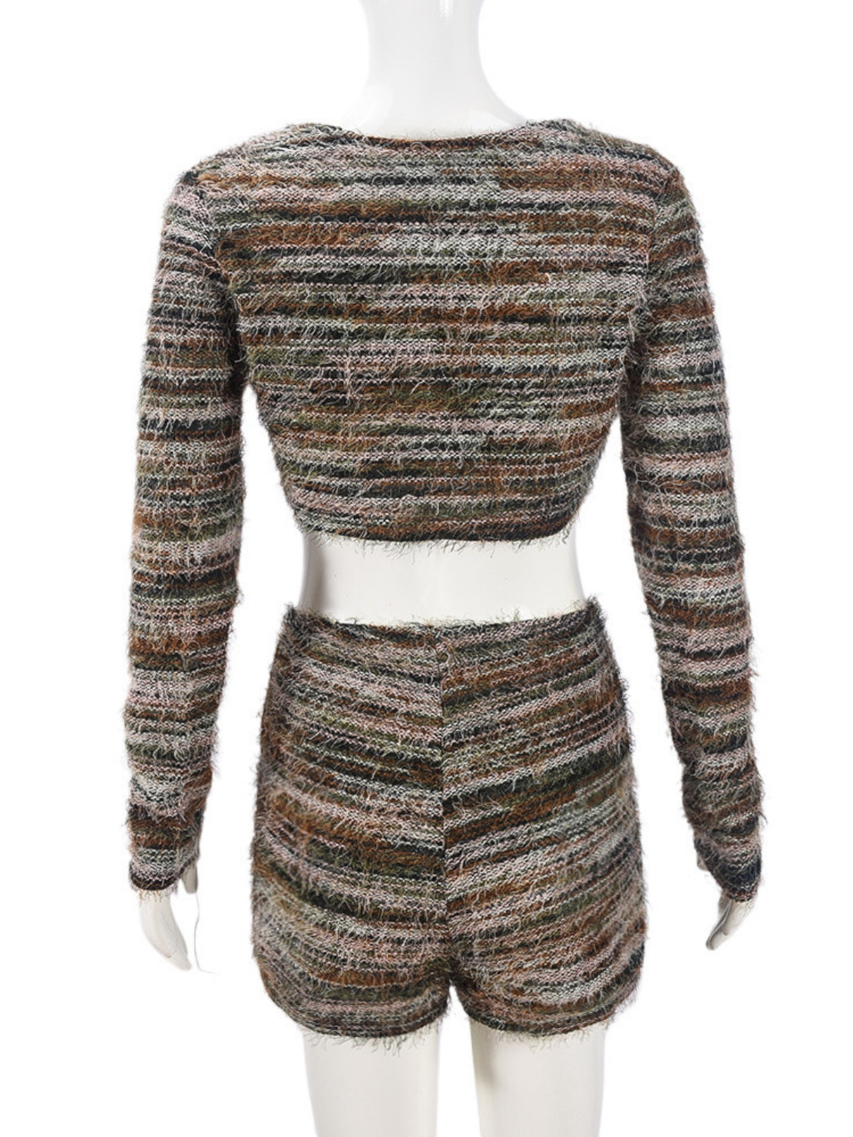Striped Color Blocking Straps Navel Exposed Long-sleeved Cardigan And Shorts 2-piece Sets