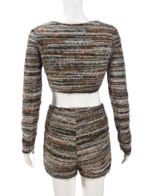 Striped Color Blocking Straps Navel Exposed Long-sleeved Cardigan And Shorts 2-piece Sets