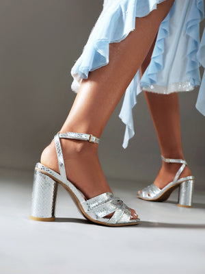 Brightly Colored Embossed High-heeled Sandals
