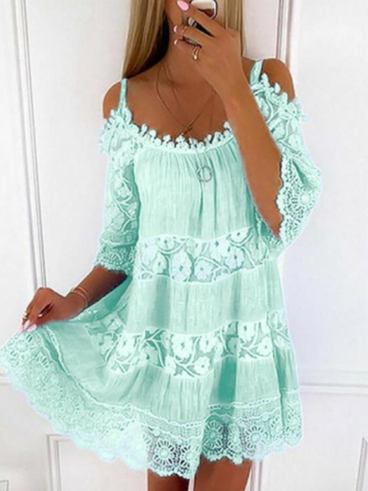 Lace Trim Hollow Out Splicing Spaghetti Strap Off-shoulder Mini&Short Dresses