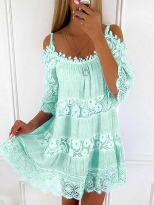Lace Trim Hollow Out Splicing Spaghetti Strap Off-shoulder Mini&Short Dresses