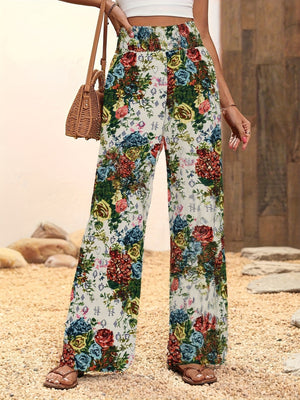 Printed Elastic Waistband High-waisted Loose-fit Pants