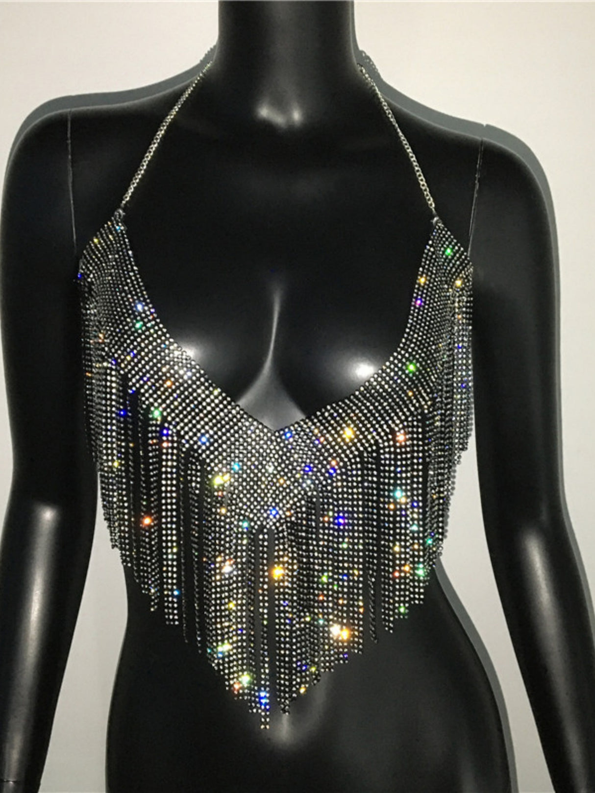 Diamond Sequins Tassel Halter Neck And Backless Tank Tops&Camis