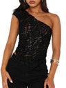 Lace See-through One-shoulder Backless Fine Mesh Sweet Tank Tops&Camis