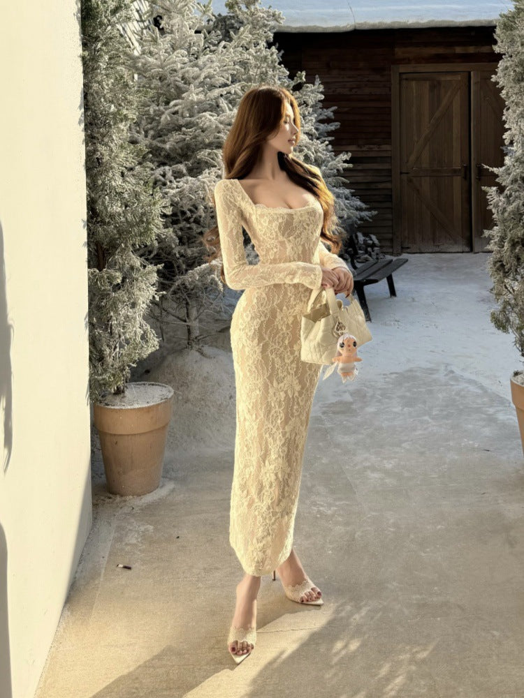 Mature And Sophisticated Long-sleeved Lace Maxi Dress