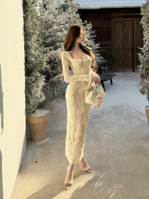 Mature And Sophisticated Long-sleeved Lace Maxi Dress