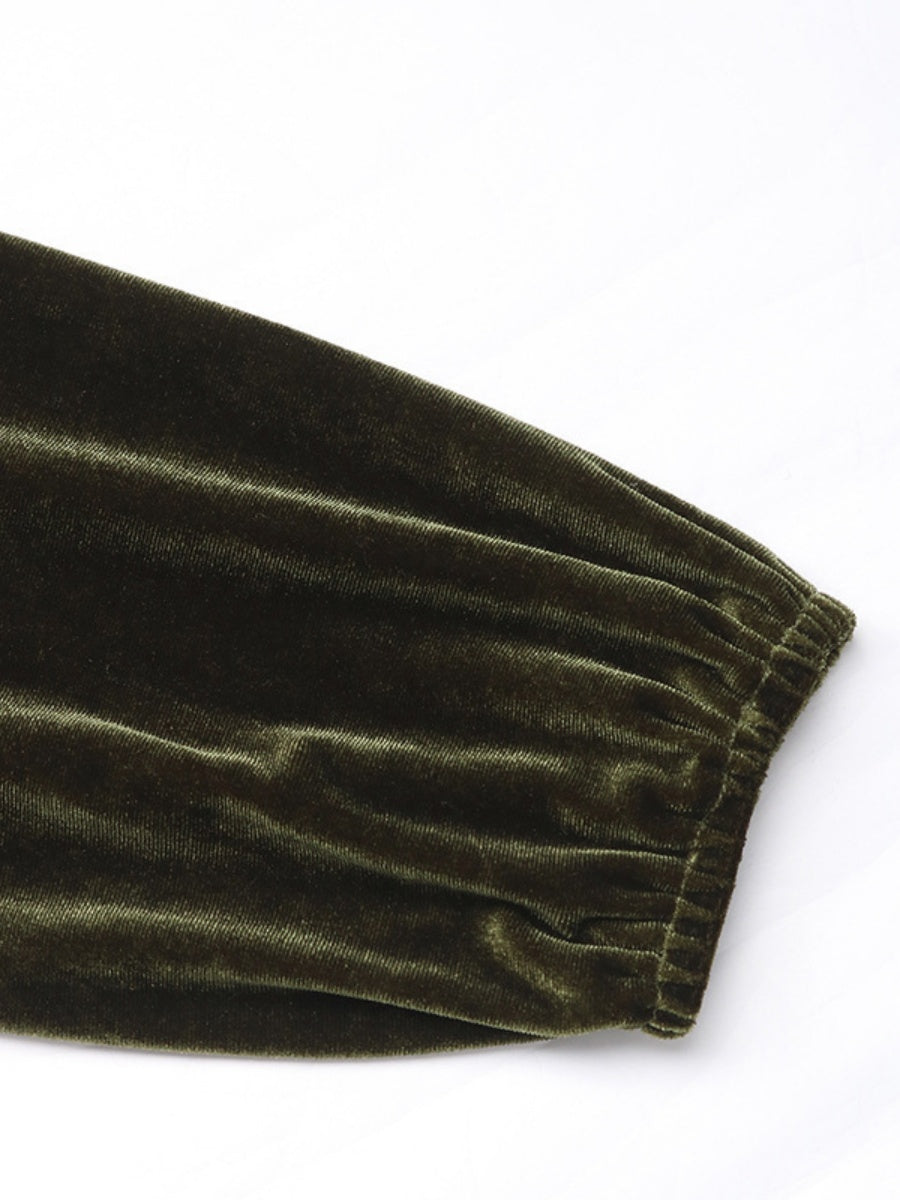 Long-sleeved V-neck Velvet Lace Collar Button Front Slit Formal Evening Midi Dress