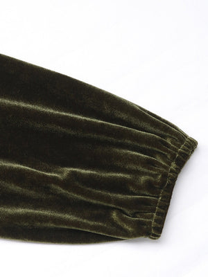 Long-sleeved V-neck Velvet Lace Collar Button Front Slit Formal Evening Midi Dress