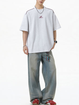 Reflective Strips Letter Applique Loose-fit Distressed T-shirts