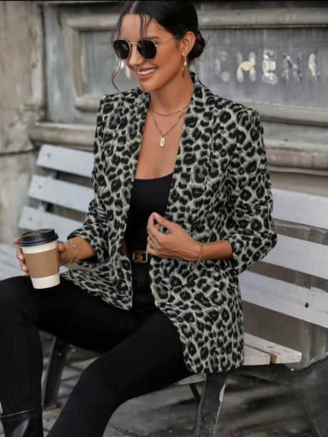 Distressed Cardigan Style Leopard Print Slim Fit Workplace Casual Suit Jacket