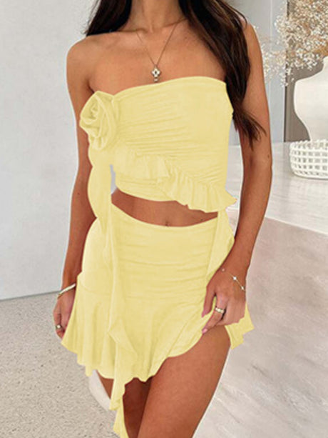 Ruffle Pleated Strapless Top And Bodycon Skirt 2-piece Sets