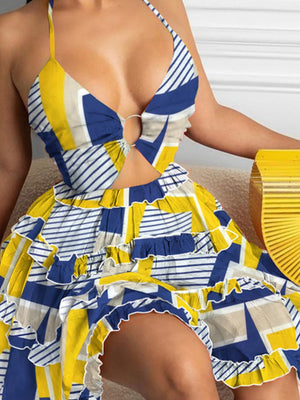 Hollow Halter Ruffle Cake Skirt Mini&Short Dresses