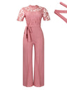 Lace Trim Hollow Short Sleeve Bandage High Waist Wide Leg Jumpsuits