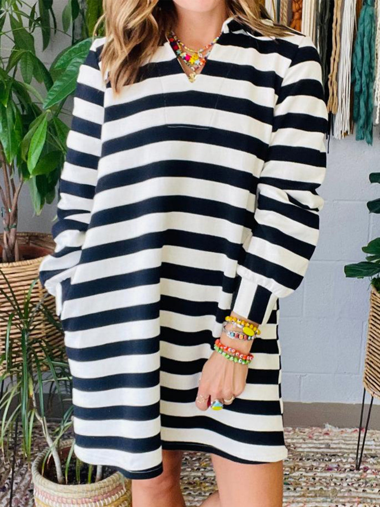 Stripes Color Matching Polo Collar Pocket Long-sleeved Midi Dress