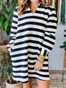 Stripes Color Matching Polo Collar Pocket Long-sleeved Midi Dress