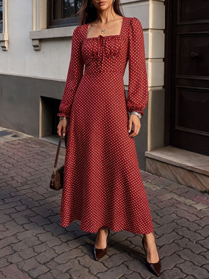 Lace-up Zipper, Polka Dots Polka Dots Maxi Dresses