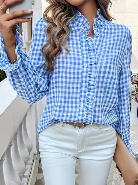 Stripes Ruffle Puff Sleeve Commuting Shirts